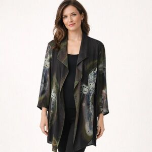 Citron Santa Monica Duster Women's Size Large Open Front Silk Blend Floral Black